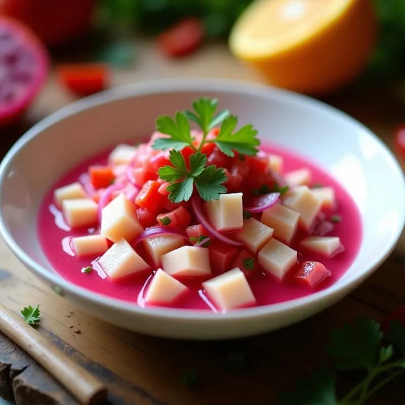 Ceviche de Corvina con Leche de Tigre de Pitahaya: Receta Peruana Sin Lácteos y Colorida
