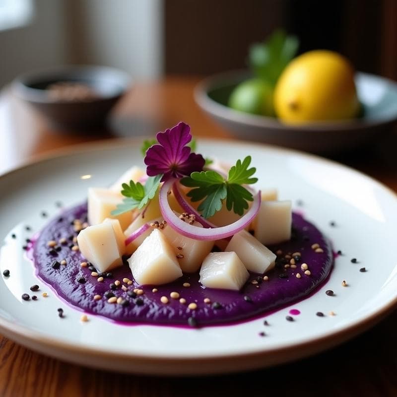 Ceiche de Corvina con Pure de Camote Morado: Receta Peruana Gourmet sin Lácteos