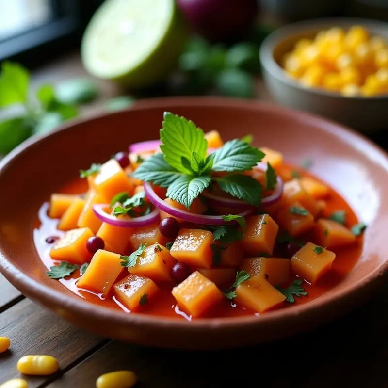 Ceviche de Corvina con Tamarillo y Maíz Morado: Receta Peruana con Toque Andino y Sin Gluten