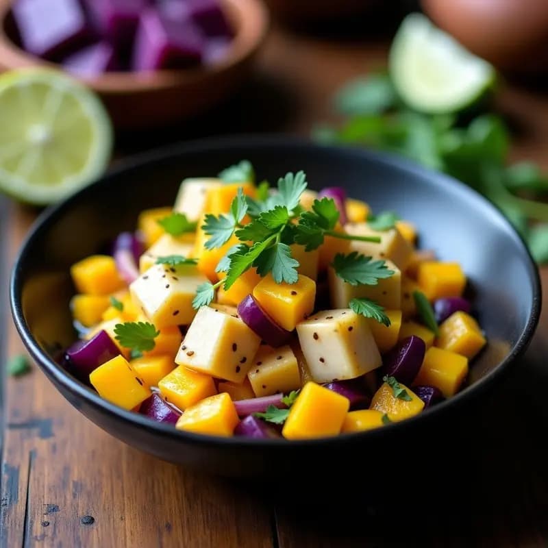 Ceiche de Corvina con Tumbo y Maíz Morado: Receta Peruana Fusion con Toque Amazónico