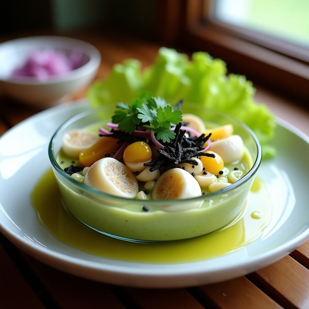 Ceviche de Hongo Enoki y Algas Nori con Leche de Tigre de Limón Verde: Receta Fusion Japo-Peruana