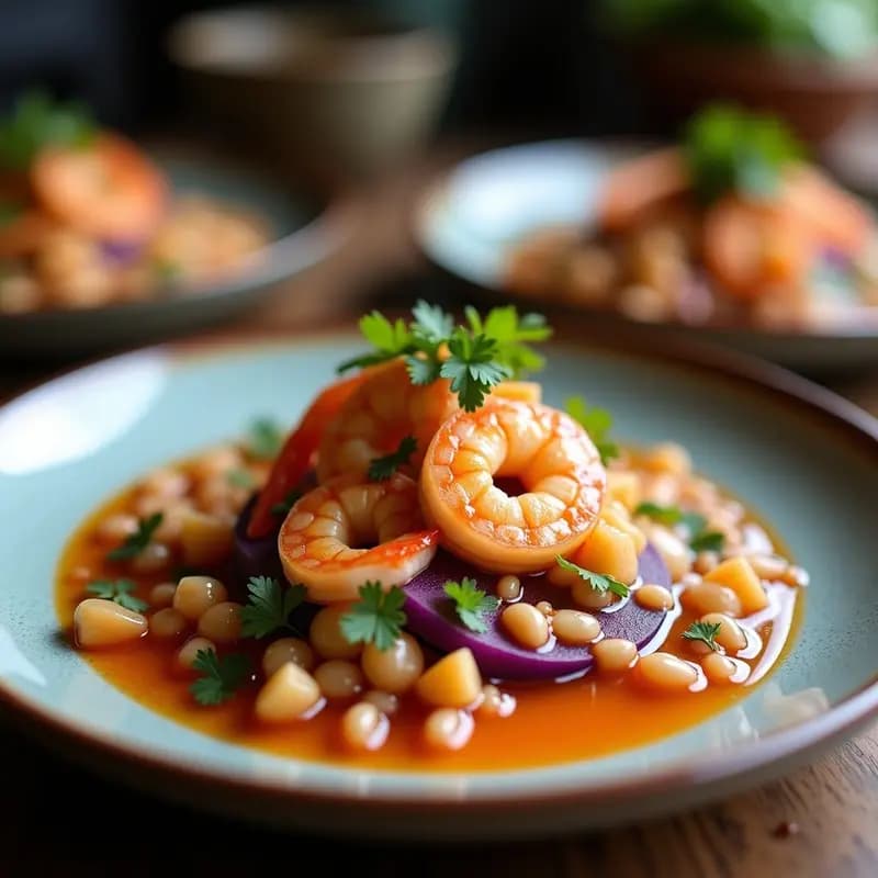 Ceviche Peruano de Gambas con Leche de Coco y Camote Morado: Receta Fresca y Acidulada