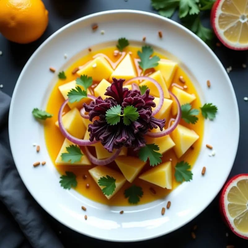 Ceviche de Heart of Palm con Maracuyá, Cilantro y Crunchy de Maíz Morado