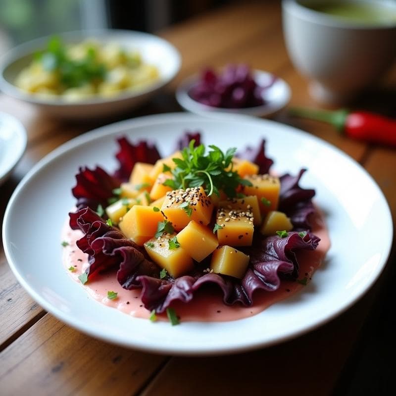 Ceviche de higos chumbos y alga espirulina: Receta vegana peruana con lechuga morada