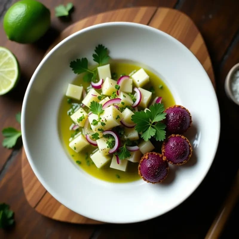 Ceviche de Higos Chumbos y Limón Verde con Croûton de Maíz Morado