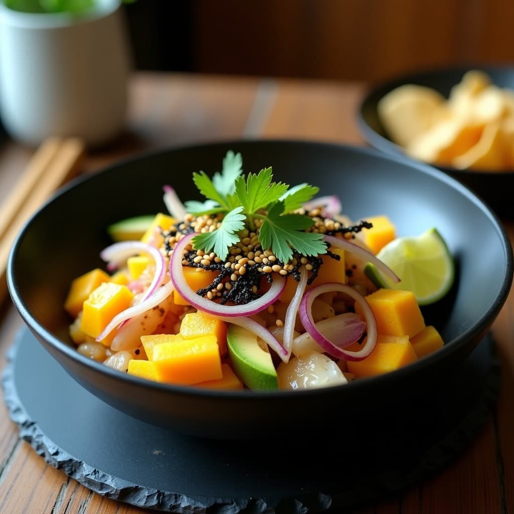 Ceviche de Hongo Reishi y Mango: Receta Fusion Peruano-Oriental Crudivegana