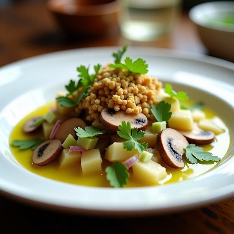 Ceviche de Hongos Ostra con Leche de Limón y Crujiente de Quinoa: Receta Vegana Peruana