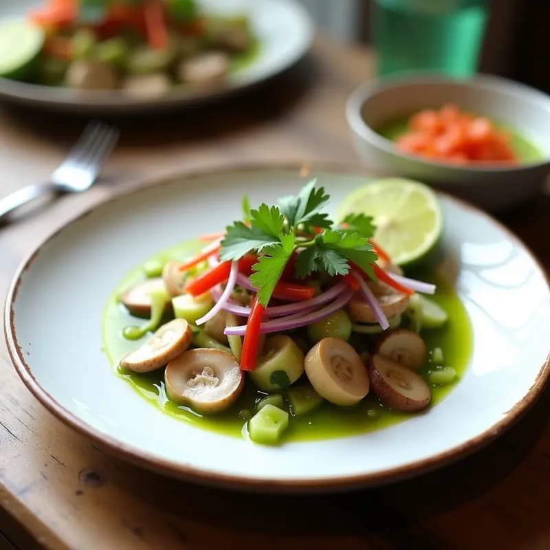 Ceviche de Hongos Ostra y Limón Yuzu: Entrante Vegano Peruano-Japonés con Leche de Tigre de Algas