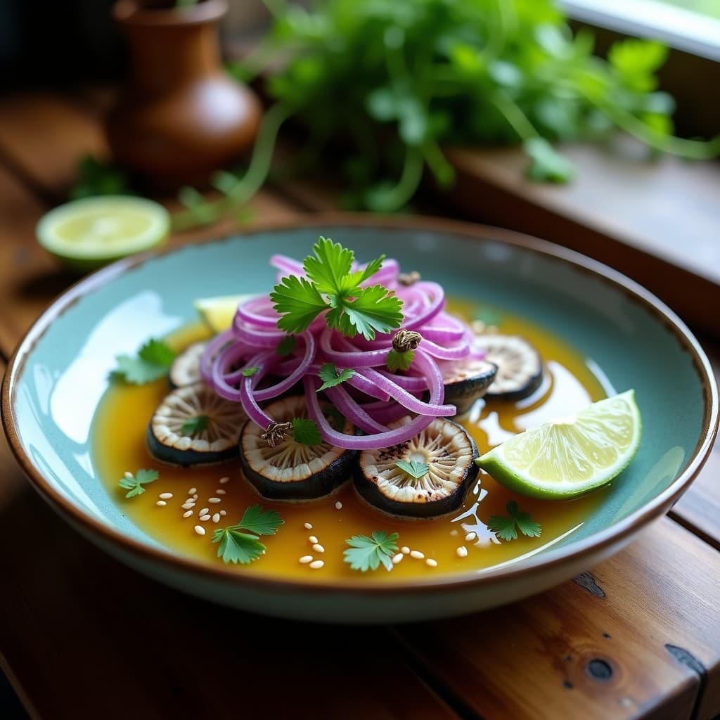 Ceviche de Hongos Tiger Milk con Leche de Tigre de Jengibre: Receta Vegana y Probiótica