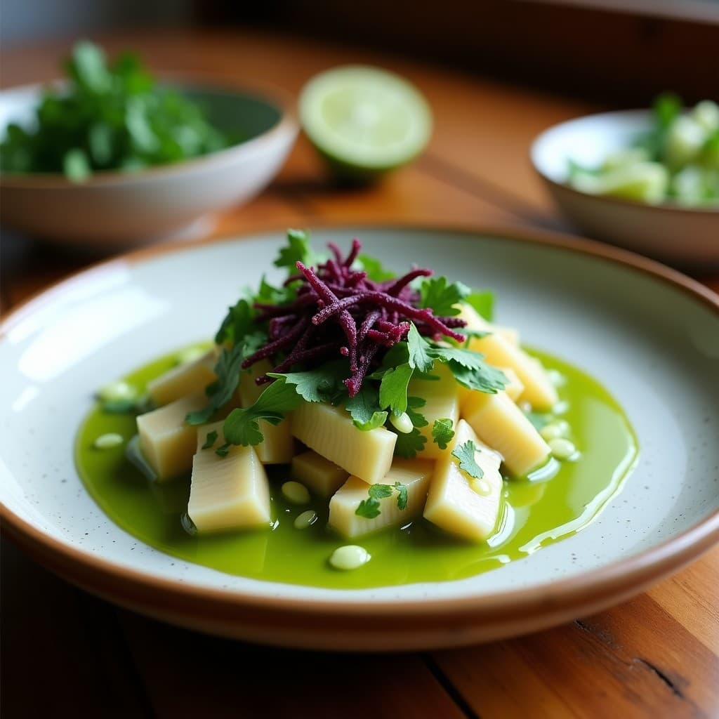 Ceiche de Jackfruit en Leche de Tigre verde con Crujiente de Maíz Morado: Receta Vegana Nikkei en 15 Minutos