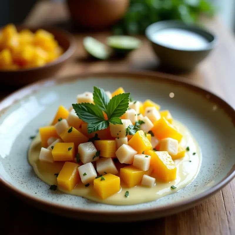 Cevi-Ceviche de Jackfruit y Mango con Leche de Coco: Receta Vegana Fusion Perú-Tailandia