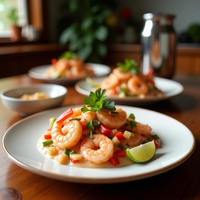 Ceviche de Langostinos con Leche de Coco y Chili: Receta de Fusion Perú-Tailandesa