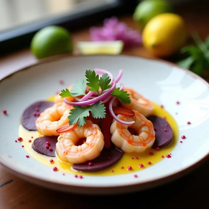 Ceiche Peruano de Langostinos con Leche de Tigre y Camote Morado: Entrante Fresco y Proteico