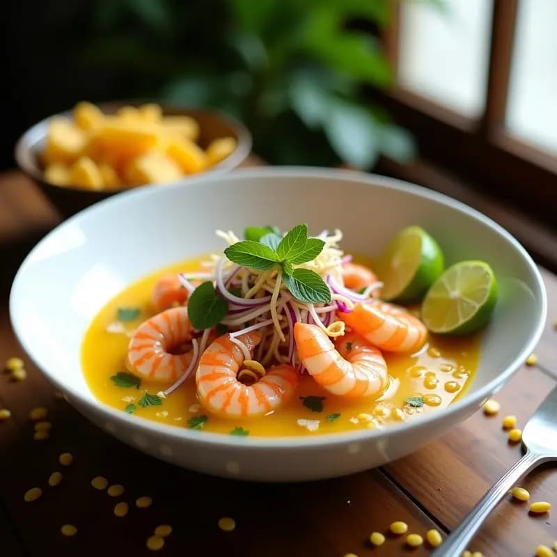 Ceviche de Langostinos con Leche de Tigre de Maracuyá: Receta Peruano-Brasileña Picante y Refrescante