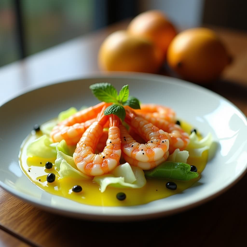 Ceviche de Langostinos con Lechuga de Mar y Vinagreta de Maracuyá: Receta Peruana Gourmet