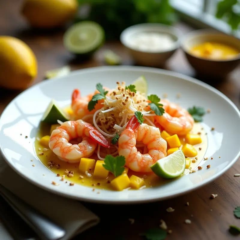 Ceviche de Langostinos con Mango y Cúrcuma: Receta Peruan-Thai Fusion sin Lactosa