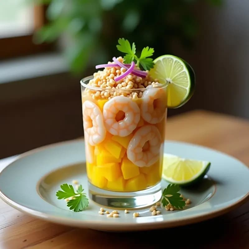 Ceviche Peruano de Langostinos y Mango: Receta con Leche de Tigernut y Lima