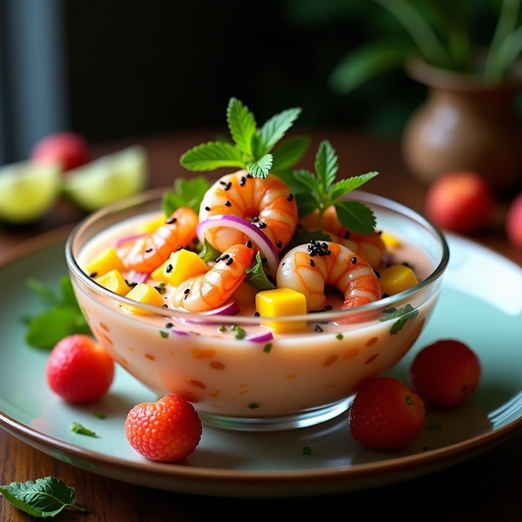 Ceviche de Langostinos y Mango con Leche de Tigre de Lichi: Receta Asiática Fresca y Exótica