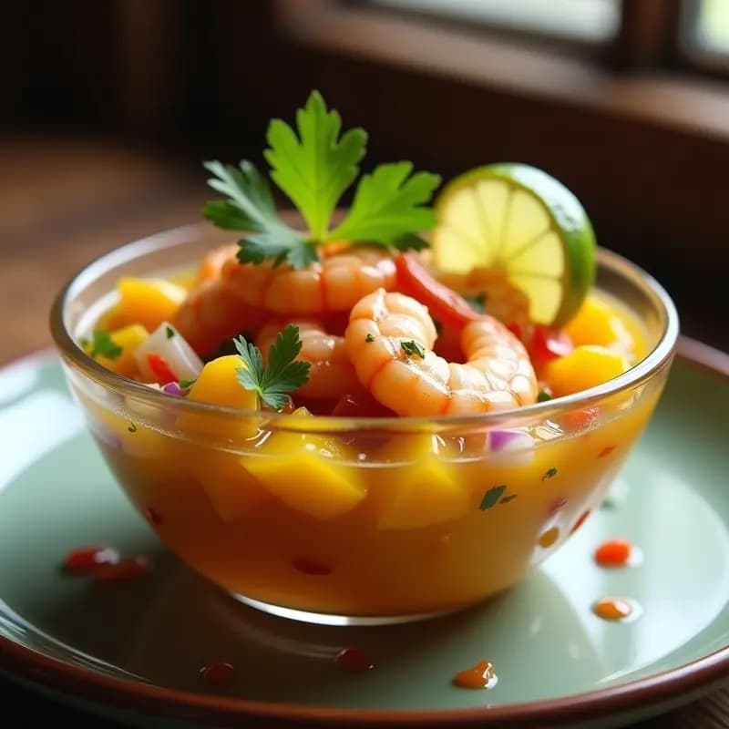 Ceviche de Langostinos y Mango con Salsa de Maracuyá: Receta Ecuadoriana Fresca