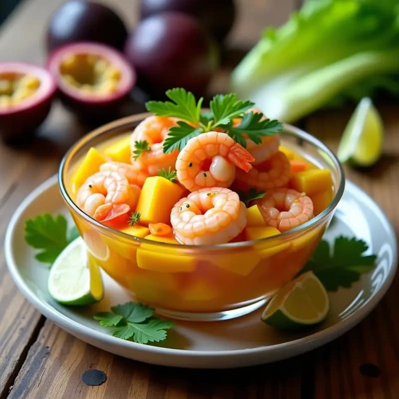 Ceviche Peruano de Langostinos con Mango y Marocuyá: Receta Fresca y Ácida sin Cocción