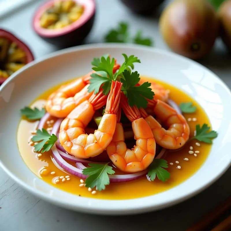 Ceviche de Langostinos y Maracuyá con Leche de Tigre de Jengibre: Receta Nikkei Expres en 15 Minutos