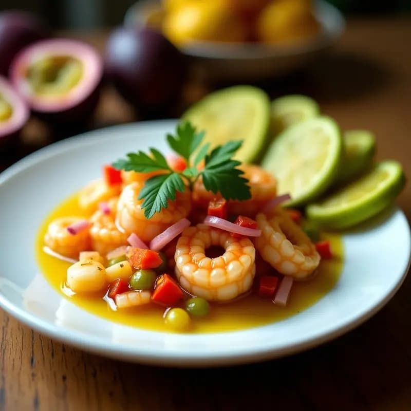 Ceviche de Langostinos y Maracuyá con Chips de Plátano Verde: Receta Ecuatoriana Sin Cocción