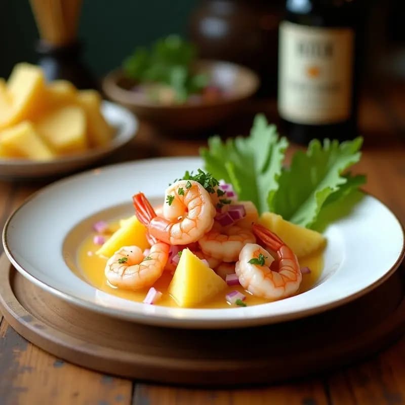 Ceviche de Langostinos y Piña: Receta Nicaragüense con Leche de Coco y Cebolla Morada en 15 Minutos