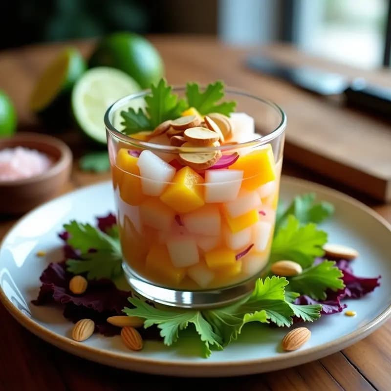 Ceviche de Coral de Lichi y Mango: Receta Peruana-Fusion Dulce y Ácida
