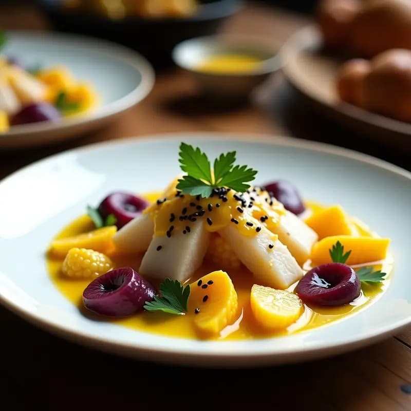 Ceviche de Lubina con Tiger’s Milk de Maracuyá y Camote Morado: Receta Peruana Gourmet