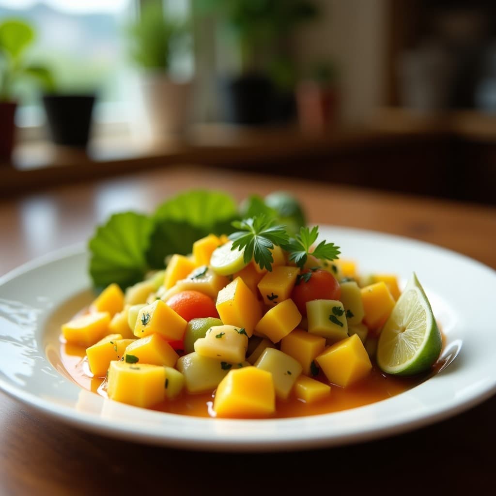 Ceviche de Mango y Aguacate con Chili en Polvo: Aperitivo Mexicano Vegano y Crujiente