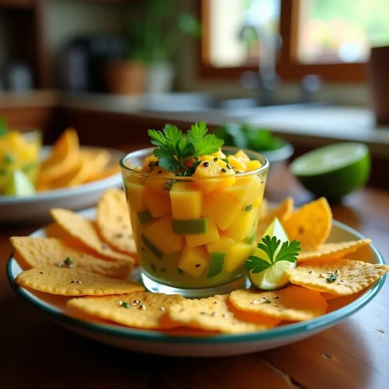 Ceviche de Mango y Aguacate con Chips de Yuca: Aperitivo Colombiano Vegano