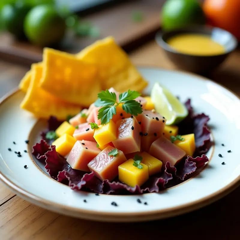 Ceviche de Mango y Atún con Chips de Banano Verde: Receta Peruana Tropical y Crujiente