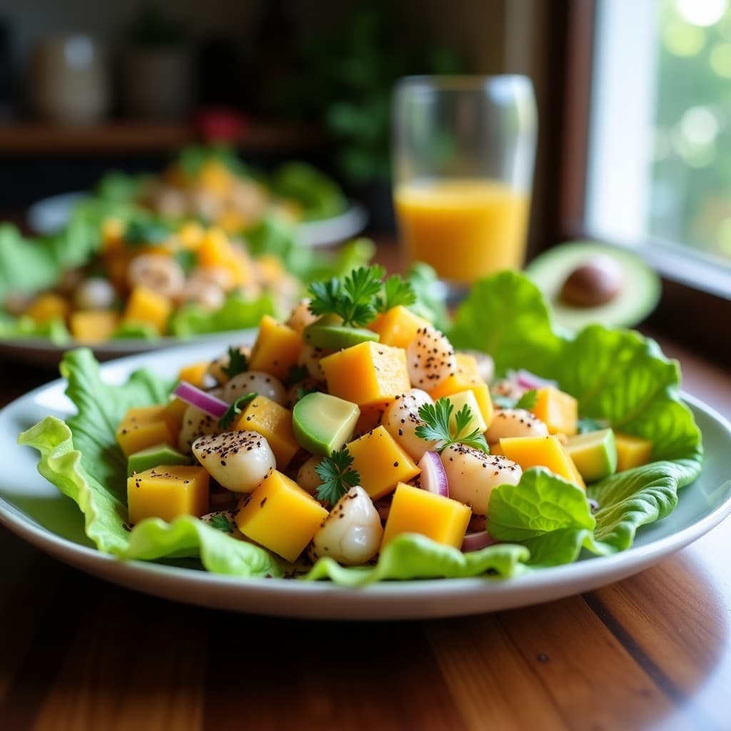 Ceviche de Mango y Camarón de Chía: Receta Crudivegana con Leche de Tigre de Maracuyá