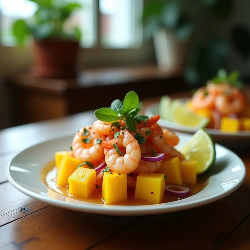 Ceviche de Mango y Camarón con Vinagreta de Maracuyá: Receta Peruana Fusion