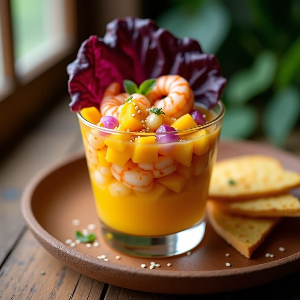 Ceviche de Mango y Camarones: Receta en Vaso con Leche de Tigre de Maracuyá y Ají Amarillo