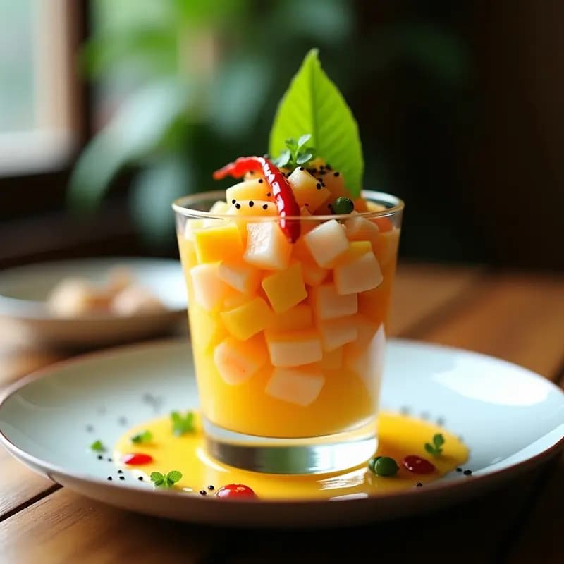 Ceviche de Mango y Camarones: Receta Tailandesa-Peruana con Leche de Tigre de Limón y Chili