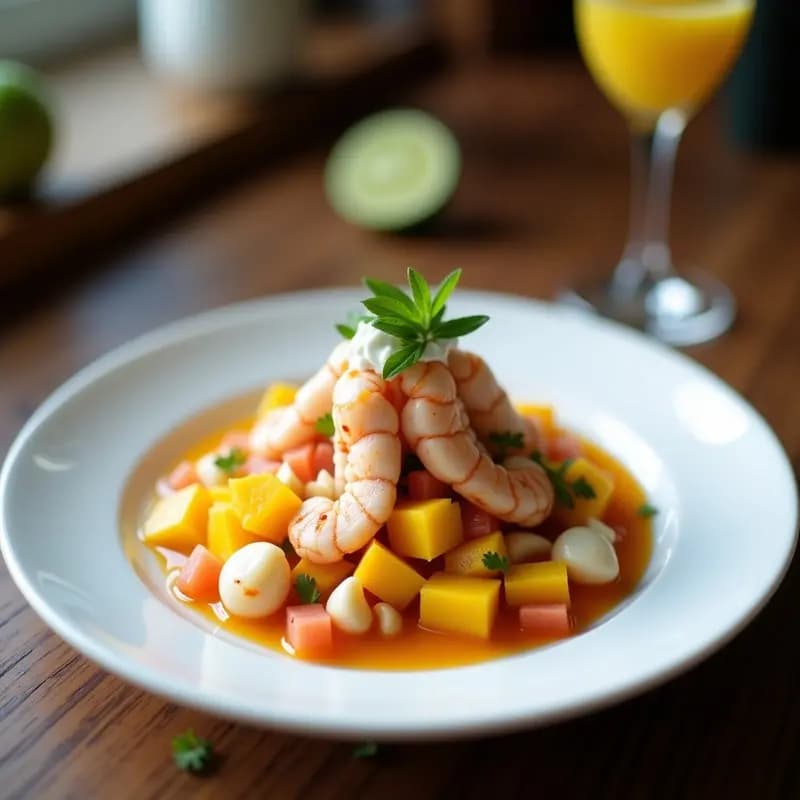 Ceviche de Mango y Langosta con Katar de Coco: Receta Tailandesa-Peruana Fusion