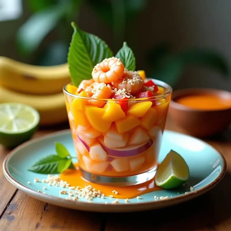 Ceviche de Mango y Langostinos con Salsa de Chile Habanero: Receta Fusion Caraibeña