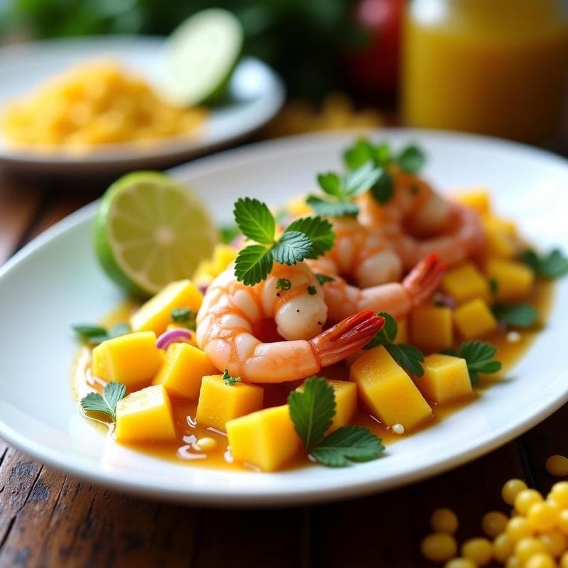 Ceviche de Mango y Langostinos: Receta Peruana con Toque Tropical y Sin Cocción