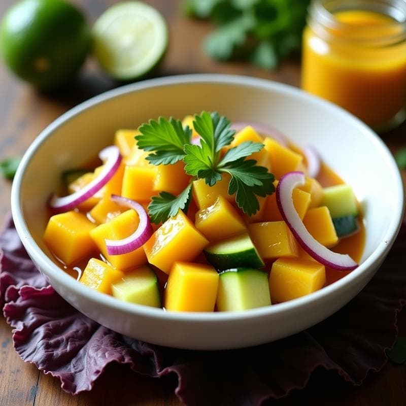 Ceviche de Mango y Pepino con Salsa de Ají Amarillo: Receta Peruana Vegana y Refrescante