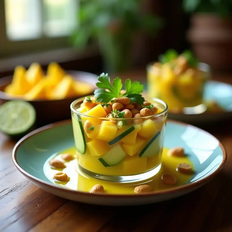 Ceviche de Mango y Pepino con Cacahuetes Tostados: Receta Fusion Peruano-Tailandesa
