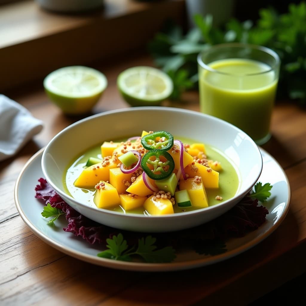 Ceche de Mango y Pepino con Leche de Tigre de Jalapeño: Receta Peruana Vegana y Picante