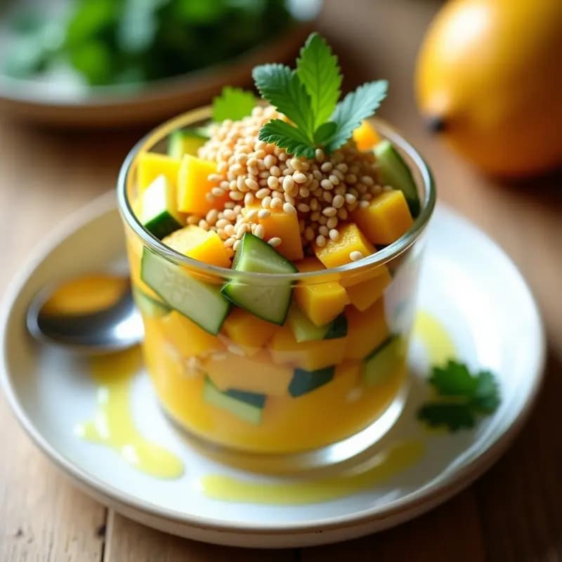 Ceviche de Mango y Pepino con Crujiente de Quinoa: Entrante Vegano y Ácido