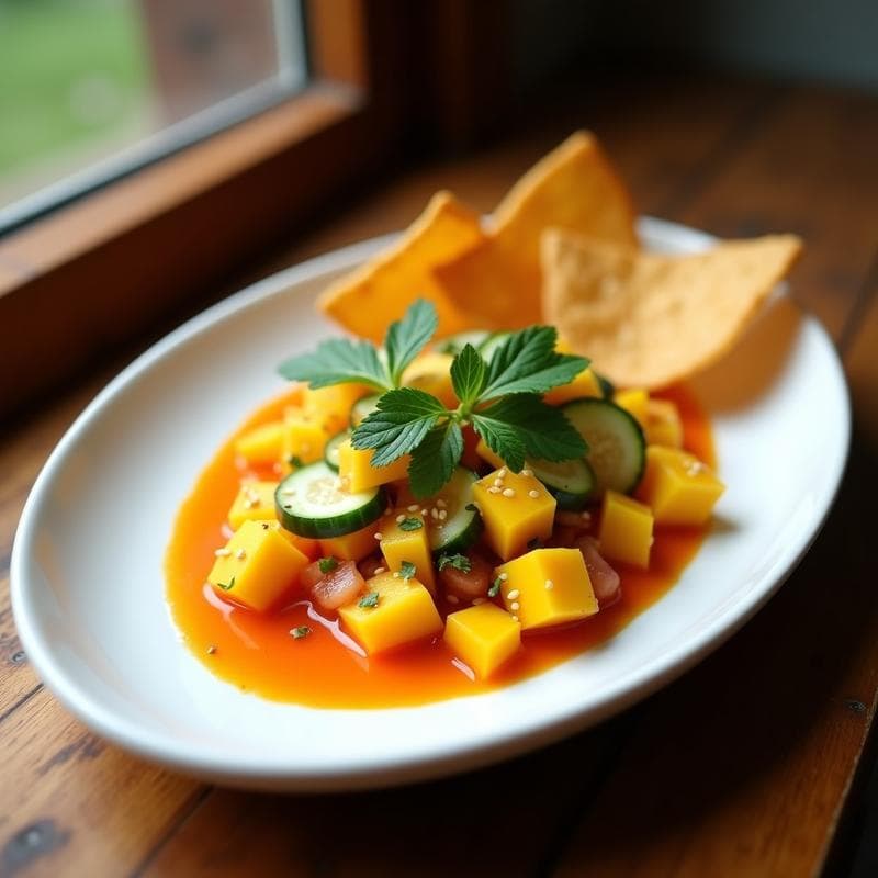 Ceviche de Mango y Pepino con Leche de Tigre de Tamarillo: Receta Fusion Peruano-Ecuatoriana