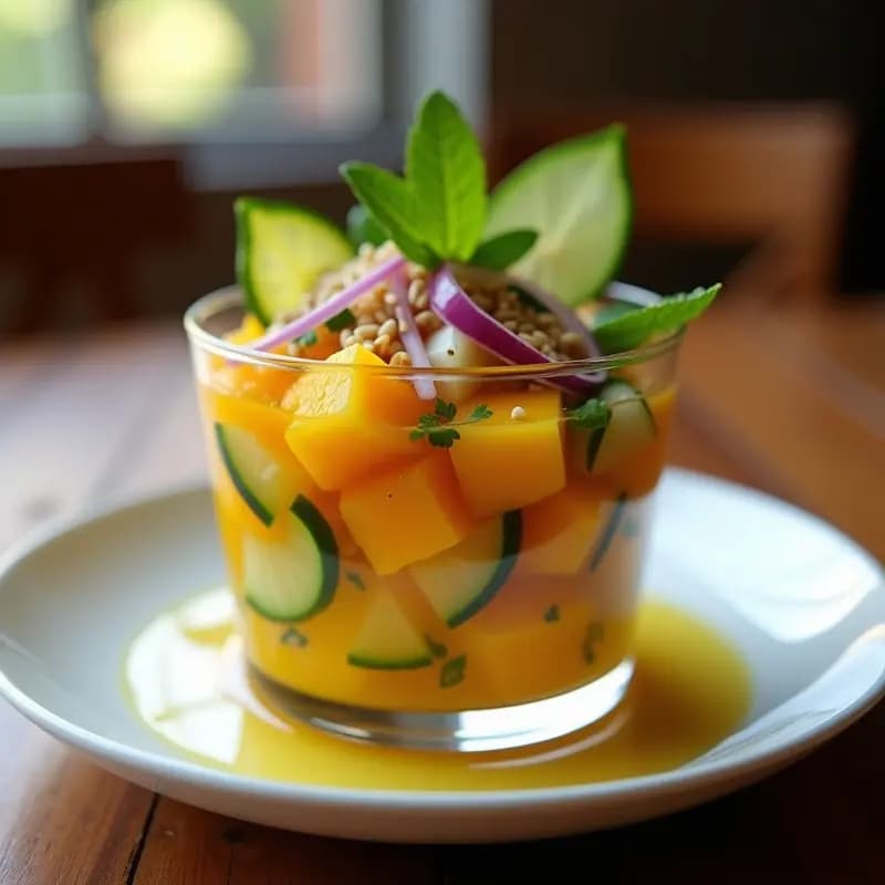 Ceviche de Mango y Pepino con Vinagreta de Tamarindo: Entrante Peruano Dulce-Salado