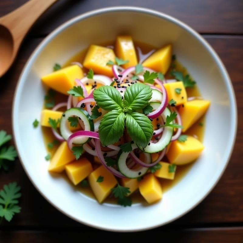 Ceviche de Mango y Pepino con Vinagreta de Yuzu: Entrante Tailandés Crudivegano