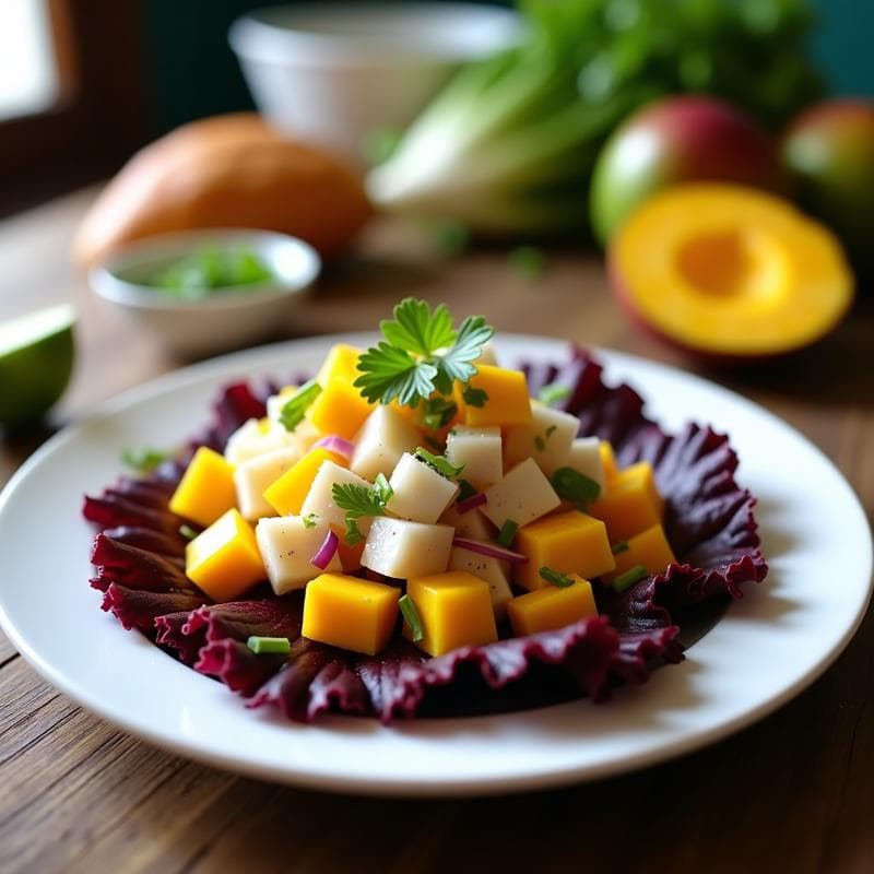 Ceviche de Mango y Pez Sierra con Lechuga Morada: Receta Peruana Refrescante y Sin Cocción