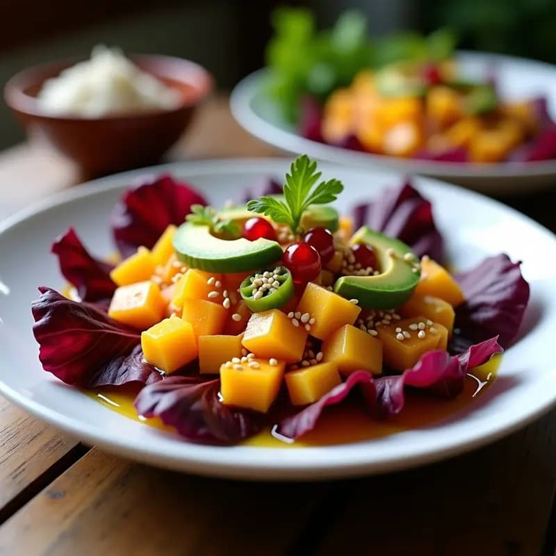 Ceviche de Mango y Pimiento de Padrón: Entrante Peruano-Español con Lechuga Morada