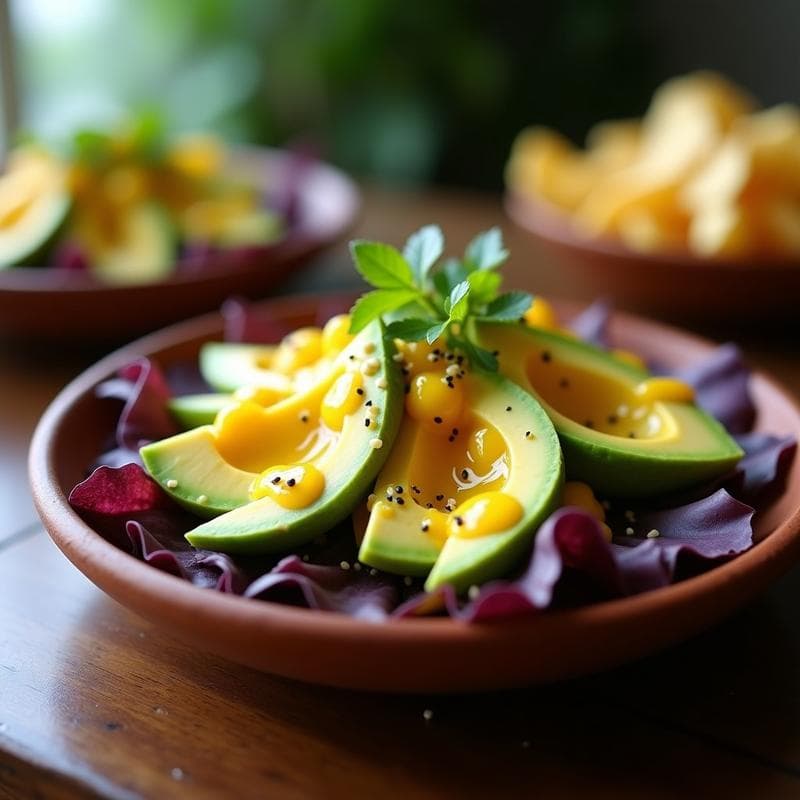 Ceviche de Mango Verde y Aguacate con Leche de Tigre de Maracuyá y Jengibre
