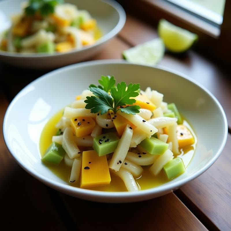 Ceviche de Mango Verde y Ventresca de Bonito: Receta Fusión Peruano-Japonesa en 12 Minutos